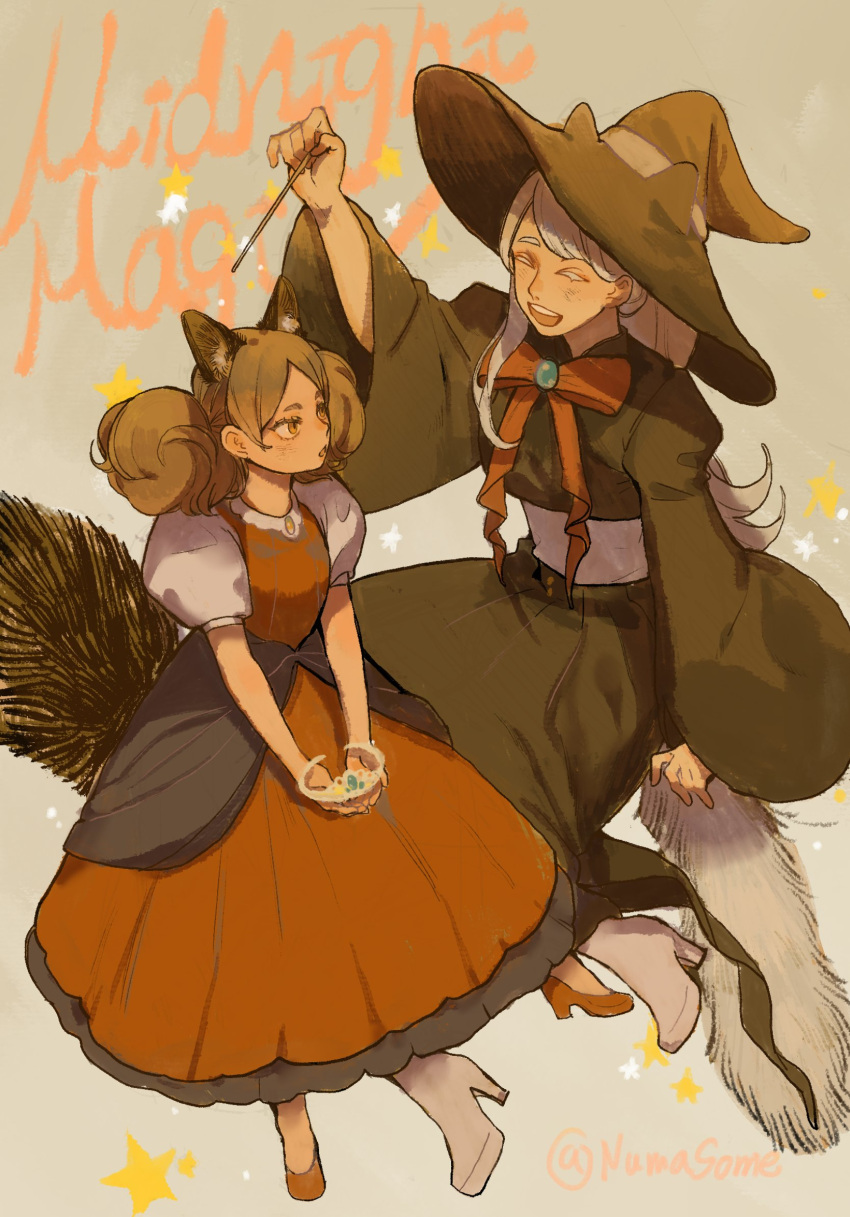 2girls alternate_costume animal_ears background_text black_dress boots bow brown_eyes brown_hair closed_eyes dress eyebrows frilled_dress frills grin haiba_arisa haikyuu!! hat highres holding holding_wand long_dress long_hair looking_at_another multiple_girls numasome puffy_short_sleeves puffy_sleeves red_bow red_dress red_footwear short_sleeves smile starry_background tail teeth twintails twitter_username wand white_footwear white_hair wide_sleeves witch witch_hat wolf_ears wolf_girl wolf_tail yamamoto_akane