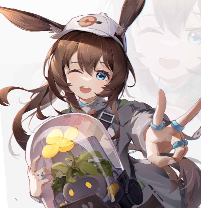 1girl ;d absurdres amiya_(arknights) animal_ear_fluff animal_ears arknights asc11 bag bangs baseball_cap blue_eyes blush brown_hair chinese_commentary chromatic_aberration commentary_request creature dated_commentary ears_through_headwear eyebrows_visible_through_hair floating_hair flower hair_between_eyes hat highres holding jacket jewelry long_hair long_sleeves looking_at_viewer metal_crab_(arknights) multiple_rings one_eye_closed open_clothes open_jacket open_mouth outstretched_arm plant ponytail rabbit_ears ring simple_background smile solo upper_body upper_teeth v very_long_hair white_background white_headwear white_jacket yellow_flower zoom_layer