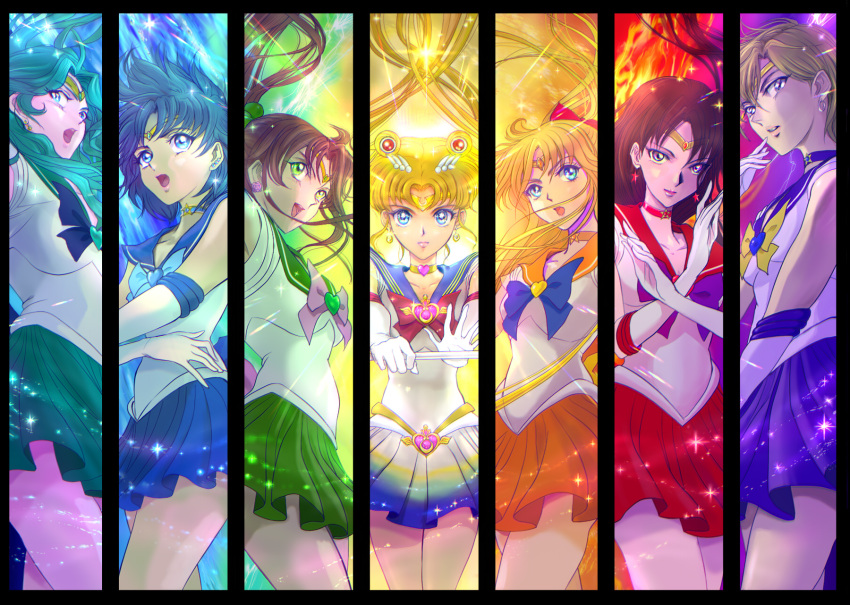 :d aino_minako aqua_hair back_bow bangs bishoujo_senshi_sailor_moon black_hair blonde_hair blue_bow blue_eyes blue_hair blue_neckwear blue_sailor_collar blue_skirt bow brooch brown_hair choker circlet closed_mouth column_lineup cowboy_shot crescent crescent_earrings double_bun earrings elbow_gloves gloves green_eyes green_sailor_collar green_skirt hair_bobbles hair_bow hair_ornament heart heart_choker highres hino_rei holding holding_wand hoop_earrings jewelry kaiou_michiru kino_makoto lips long_hair looking_at_viewer magical_girl mai_(b9035796) mizuno_ami multicolored multicolored_clothes multicolored_skirt open_mouth orange_neckwear orange_skirt parted_bangs pink_bow pleated_skirt ponytail purple_bow rainbow_order red_bow red_neckwear red_skirt sailor_collar sailor_jupiter sailor_mars sailor_mercury sailor_moon sailor_neptune sailor_senshi sailor_senshi_uniform sailor_uranus sailor_venus short_hair skirt smile sparkle standing star_(symbol) star_choker star_earrings super_sailor_jupiter super_sailor_mars super_sailor_mercury super_sailor_moon super_sailor_neptune super_sailor_uranus super_sailor_venus ten'ou_haruka tsukino_usagi twintails violet_eyes wand white_gloves yellow_bow yellow_neckwear