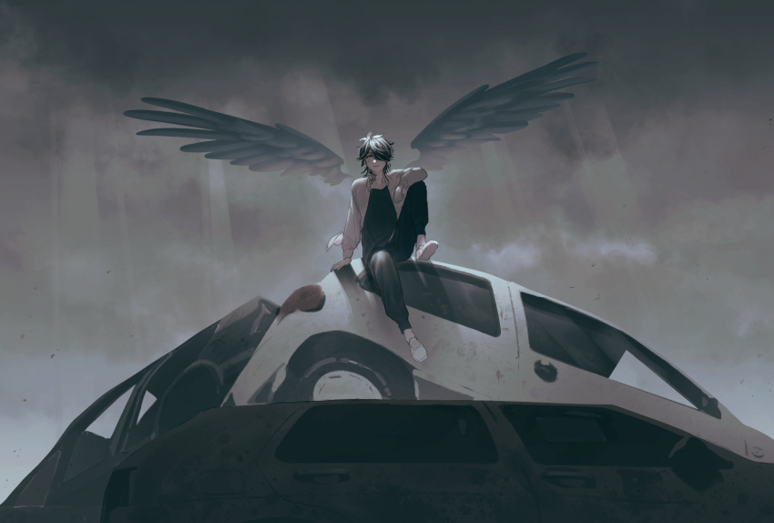 1boy black_pants black_shirt car closed_mouth clouds cloudy_sky earrings feathered_wings full_body ground_vehicle hair_over_one_eye hanemiya_kazutora highres jacket jewelry knee_up long_hair long_sleeves looking_at_viewer male_focus mole mole_under_eye motor_vehicle one_eye_covered pants shirt shoes single_earring sitting sky smile solo sunoko_(wwwwws) tokyo_revengers white_footwear white_jacket wings yellow_eyes