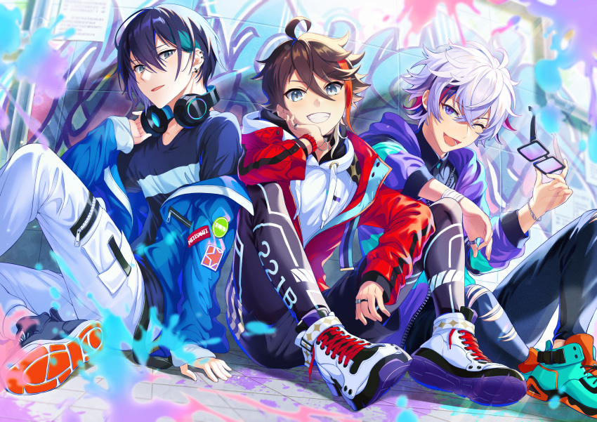 3boys :d ;d absurdres ahoge alternate_costume arm_support barcode black_hair blue_jacket blurry blurry_foreground blush bracelet brown_hair clothes_writing earrings eyebrows_visible_through_hair full_body fuwa_minato glasses graffiti grey_eyes hair_between_eyes hand_on_own_face headphones headphones_around_neck highres holding holding_eyewear hood hoodie huge_filesize jacket jewelry layered_clothing leaning_on_person leggings legwear_under_shorts letta_illust looking_at_viewer male_focus mayuzumi_kai multicolored_hair multiple_boys nijisanji off_shoulder one_eye_closed open_mouth paint_splatter pants pink_hair purple_hair purple_jacket red_jacket redhead ring saegusa_akina shirt shoelaces shoes shorts silver_hair sleeves_past_wrists sleeves_pushed_up smile sneakers spread_legs streaked_hair striped t-shirt torn_clothes torn_legwear untied_shoe violet_eyes virtual_youtuber white_pants zipper