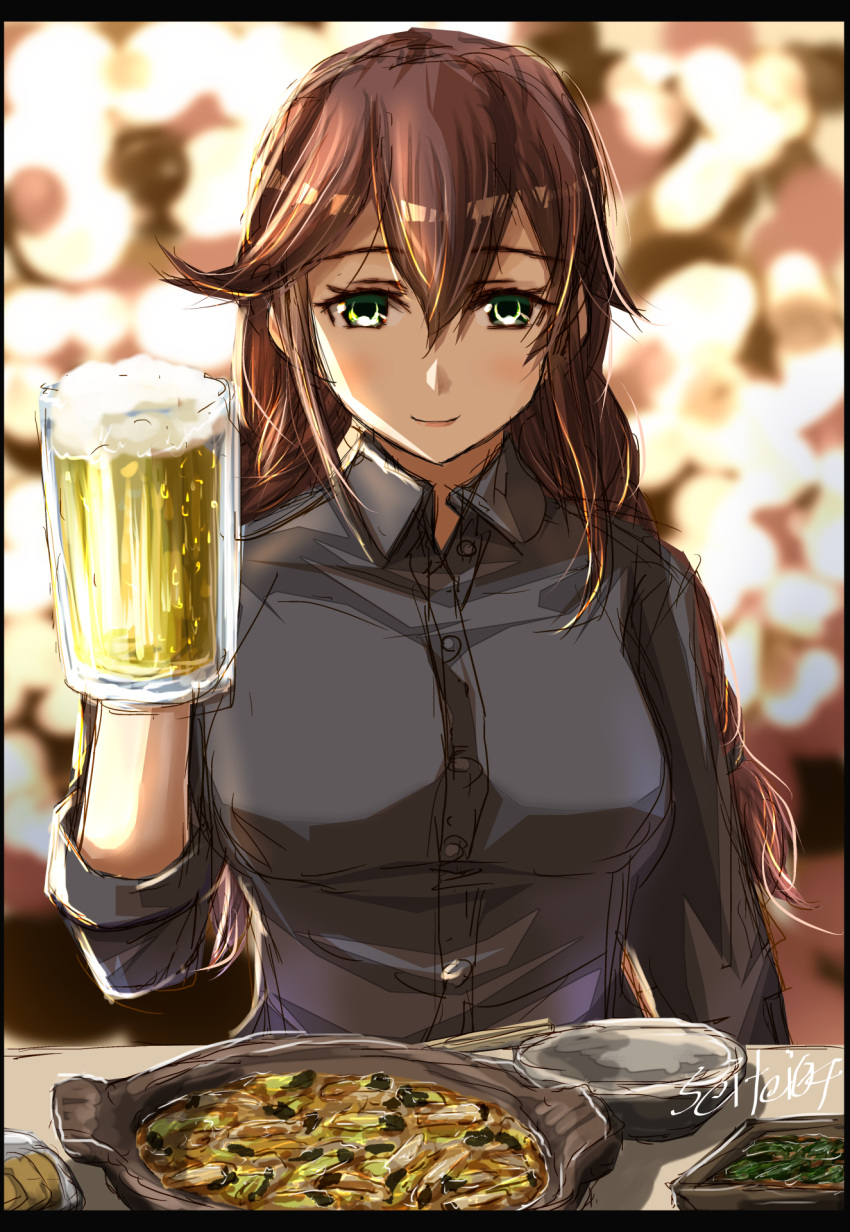 1girl alcohol beer beer_mug black_blouse blouse breasts brown_hair cup food green_eyes highres kantai_collection long_hair looking_at_viewer mug noshiro_(kancolle) seitei_(04seitei) signature smile