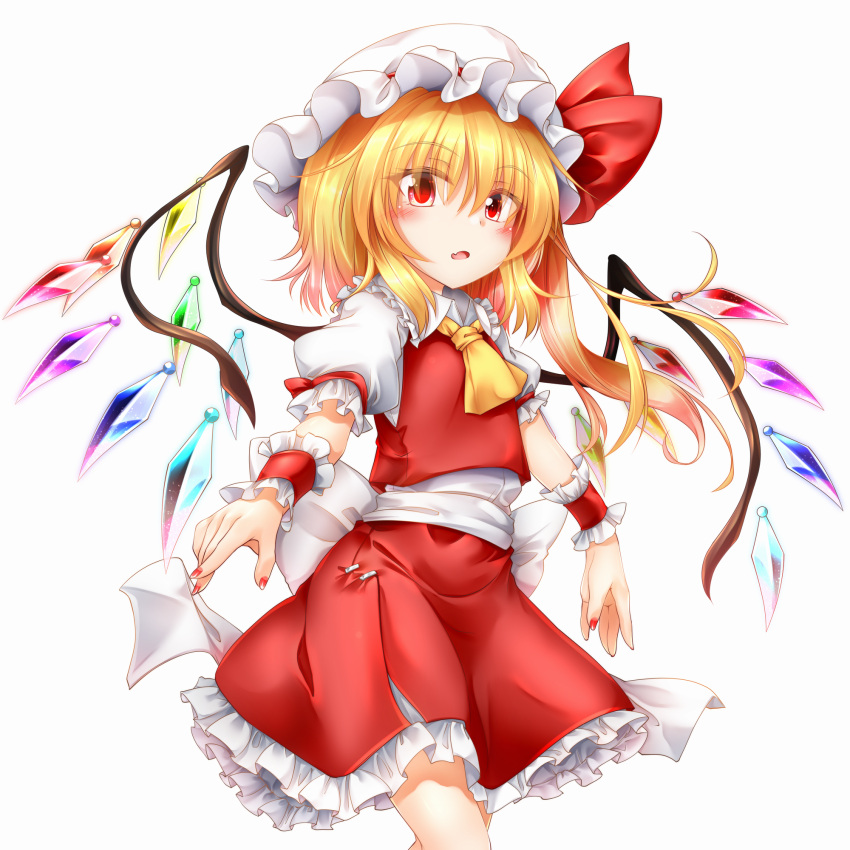 1girl bangs belt blonde_hair blush bow breasts collar crystal eyebrows_visible_through_hair eyes_visible_through_hair flandre_scarlet frills hair_between_eyes hat hat_ribbon highres looking_at_viewer marukyuu_ameya mob_cap multicolored multicolored_wings open_mouth ponytail puffy_short_sleeves puffy_sleeves red_eyes red_nails red_ribbon red_skirt red_vest ribbon shirt short_hair short_sleeves simple_background skirt small_breasts solo standing touhou vest white_background white_belt white_bow white_collar white_headwear white_shirt white_sleeves wings wrist_cuffs yellow_neckwear