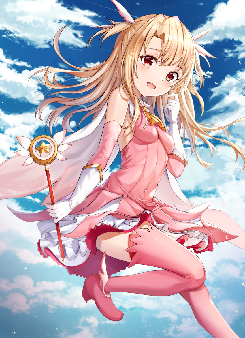 1girl :d absurdres bangs bare_shoulders blonde_hair blue_sky blush boots breasts clouds cloudy_sky commentary_request day detached_sleeves dress eyebrows_visible_through_hair fate/kaleid_liner_prisma_illya fate_(series) feather_hair_ornament feathers foot_out_of_frame foot_up gloves hair_ornament highres holding holding_wand illyasviel_von_einzbern long_hair looking_at_viewer magical_girl open_mouth outdoors pink_dress pink_legwear prisma_illya red_eyes shiny shiny_skin sky small_breasts smile solo thigh-highs thigh_boots two_side_up upper_teeth wand white_gloves zeroillya