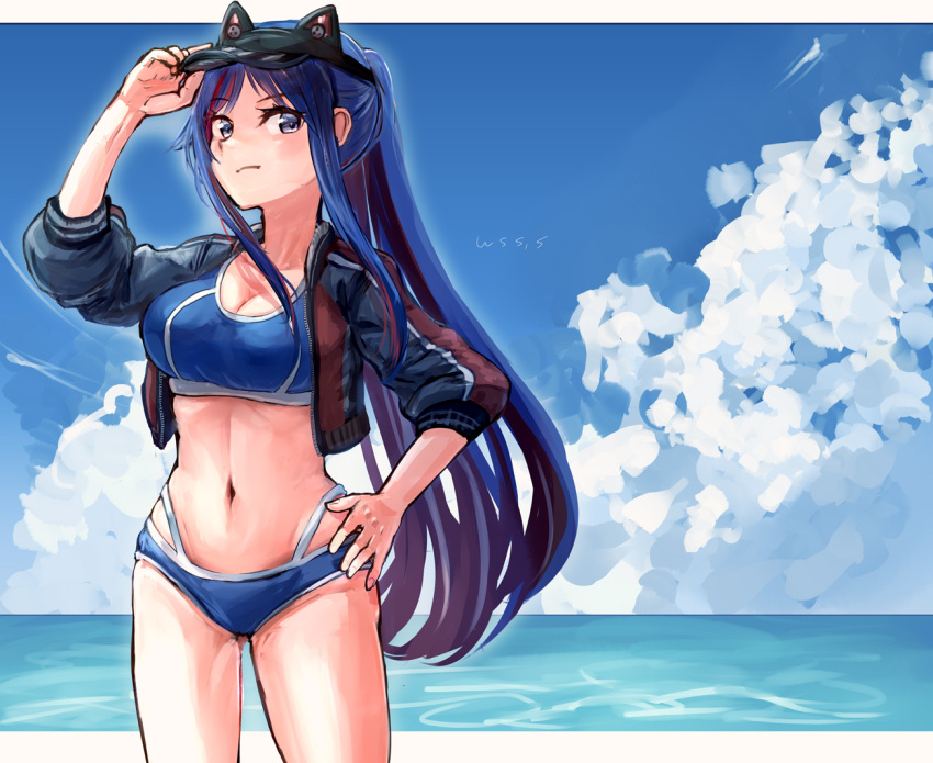 1girl bangs bikini black_headwear blue_bikini blue_eyes blue_hair breasts closed_mouth clouds day hand_on_headwear hand_on_hip hat jacket kantai_collection large_breasts long_hair multicolored_hair ocean official_alternate_costume outdoors ponytail redhead sidelocks signature sky solo south_dakota_(kancolle) swimsuit visor_cap water white_hair wss_(nicoseiga19993411)