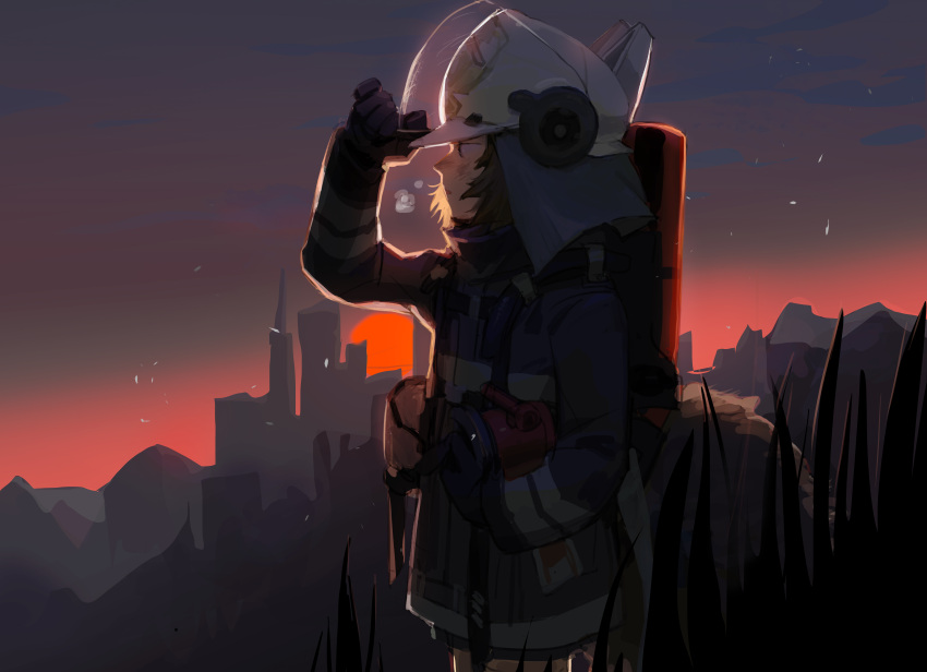 1girl a_yin absurdres animal_ears_helmet arknights black_gloves black_jacket breath commentary_request fire_helmet fire_jacket firefighter gloves grass highres jacket outdoors oxygen_tank shaw_(arknights) short_hair shy solo squirrel_girl squirrel_tail sunset tail