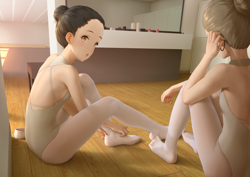 2girls backless_outfit bare_arms bare_shoulders black_hair blonde_hair blush breasts brown_eyes commentary_request footwear_removed forehead grey_leotard hair_bun highres himitsu_(hi_mi_tsu_2) indoors knees_up leotard looking_at_another mirror multiple_girls no_shoes on_floor open_mouth original pantyhose short_hair sideboob sitting smile white_legwear wooden_floor