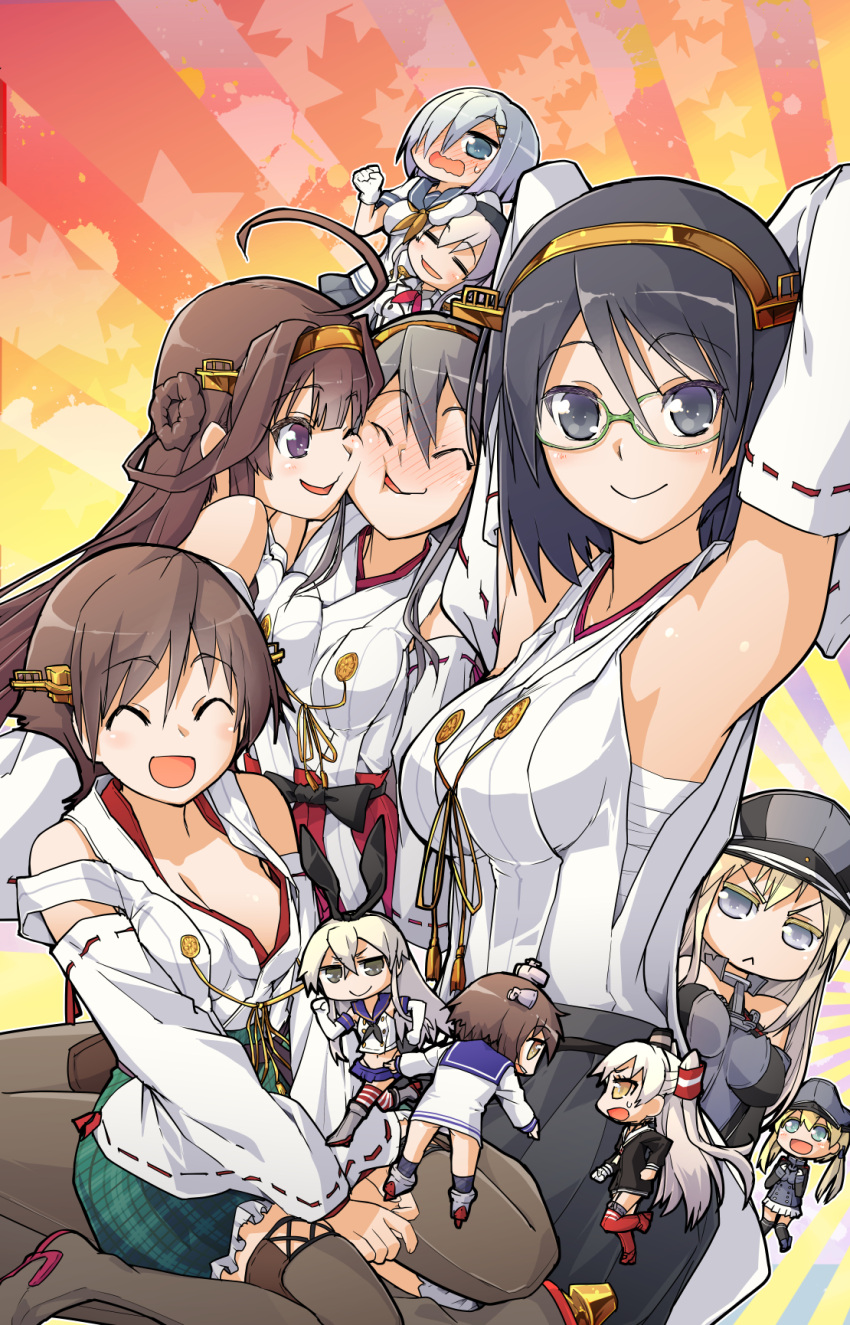 6+girls ^_^ ^o^ ahoge amatsukaze_(kancolle) bare_shoulders beret bismarck_(kancolle) black_dress black_hair black_headwear black_legwear black_neckwear black_panties black_skirt blonde_hair blue_eyes blue_sailor_collar blush brown_hair closed_eyes closed_mouth collared_shirt commentary_request crop_top detached_sleeves double_bun dress eyebrows_visible_through_hair glasses gloves green-framed_eyewear green_skirt grey_eyes grey_shirt grey_skirt hair_between_eyes hair_ornament hair_over_one_eye hair_tubes hairband hairclip hamakaze_(kancolle) haruna_(kancolle) hat headgear hiei_(kancolle) highleg highleg_panties highres jacket japanese_clothes kantai_collection kashima_(kancolle) kerchief kirishima_(kancolle) kongou_(kancolle) long_hair long_sleeves low_twintails military military_hat military_uniform miniskirt multiple_girls neckerchief nontraditional_miko open_mouth panties peaked_cap pleated_skirt prinz_eugen_(kancolle) red_neckwear red_skirt remodel_(kantai_collection) ribbon-trimmed_sleeves ribbon_trim rudder_footwear sailor_collar sailor_dress sarashi school_uniform serafuku shimakaze_(kancolle) shirt short_hair short_sleeves silver_hair skirt sleeveless smile striped striped_legwear thigh-highs twintails two_side_up underwear uniform violet_eyes white_dress white_gloves white_jacket white_skirt wide_sleeves windsock yellow_eyes yellow_neckwear yukikaze_(kancolle) yuugo_(atmosphere)