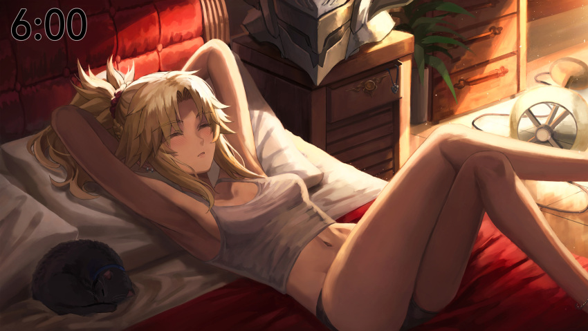 1girl animal armpits arms_behind_head arms_up bangs bare_shoulders black_cat black_legwear black_panties blonde_hair braid breasts camisole cat closed_eyes collarbone commentary_request crossed_legs fate/apocrypha fate_(series) french_braid hair_ornament hair_scrunchie highres long_hair lying midriff mordred_(fate) mordred_(fate)_(all) navel on_back panties parted_bangs ponytail scrunchie sidelocks sleeping small_breasts thigh-highs thighs tonee underwear white_camisole