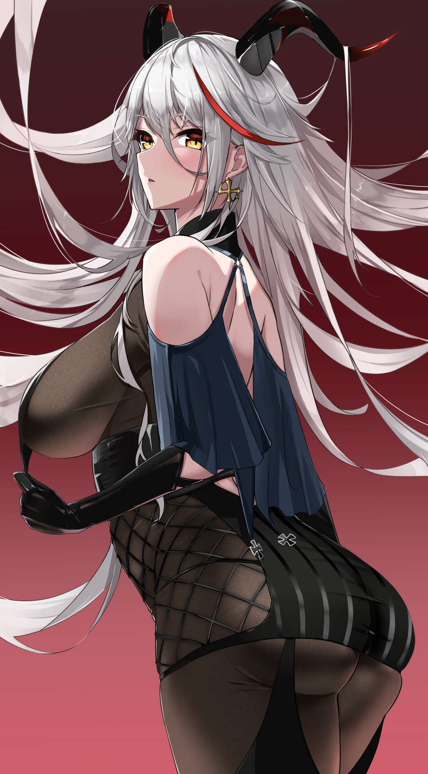1girl absurdres aegir_(azur_lane) ass azur_lane back bangs black_gloves breasts cowboy_shot cross cross_earrings curled_horns earrings elbow_gloves from_behind gloves gradient gradient_background highres horns jewelry large_breasts long_hair marumai multicolored_hair parted_lips redhead silver_hair solo streaked_hair two-tone_hair yellow_eyes