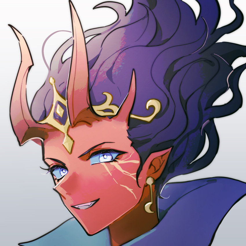 1girl circlet colored_skin defense_of_the_ancients dota_2 earrings eren_(artist) evil_grin evil_smile grey_background grin highres horns jewelry looking_at_viewer pointy_ears portrait purple_hair queen_of_pain_(dota) red_skin simple_background smile solo teeth violet_eyes