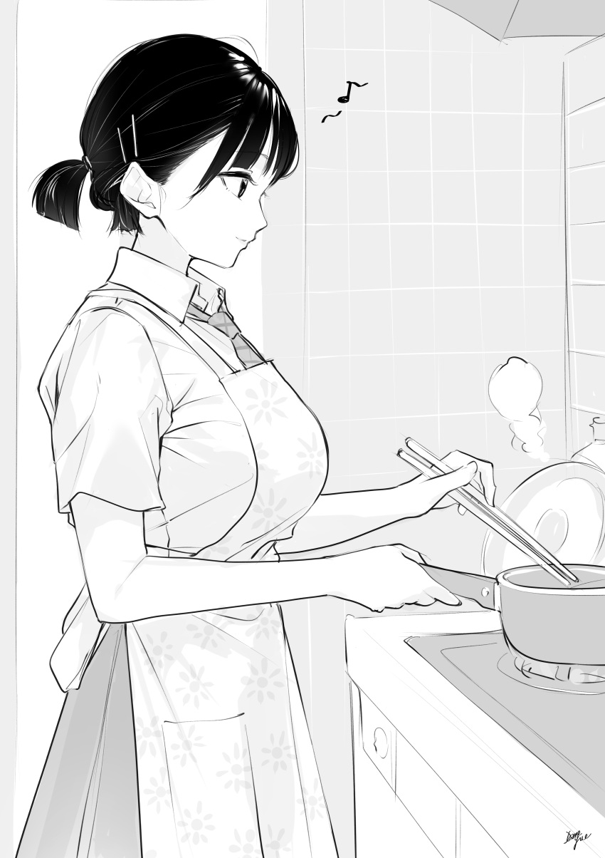 1girl absurdres apron bangs breasts chopsticks closed_mouth collared_shirt commentary_request eighth_note floral_print frying_pan greyscale hair_ornament hairclip highres holding holding_chopsticks indoors medium_breasts monochrome musical_note necktie original plaid_neckwear pleated_skirt ponytail print_apron profile shirt short_sleeves skirt smile solo stove takenoko_no_you tile_wall tiles