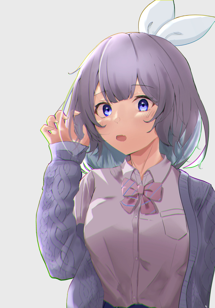 1girl :o absurdres bangs blue_eyes blue_hair blue_ribbon bow bowtie cardigan claw_pose collared_shirt colored_inner_hair eyebrows_visible_through_hair fang hair_ribbon highres karong/noi looking_at_viewer multicolored_hair nijisanji nijisanji_kr nun_bora open_mouth pink_neckwear pink_shirt purple_cardigan purple_hair ribbon shirt short_hair skin_fang solo upper_body virtual_youtuber