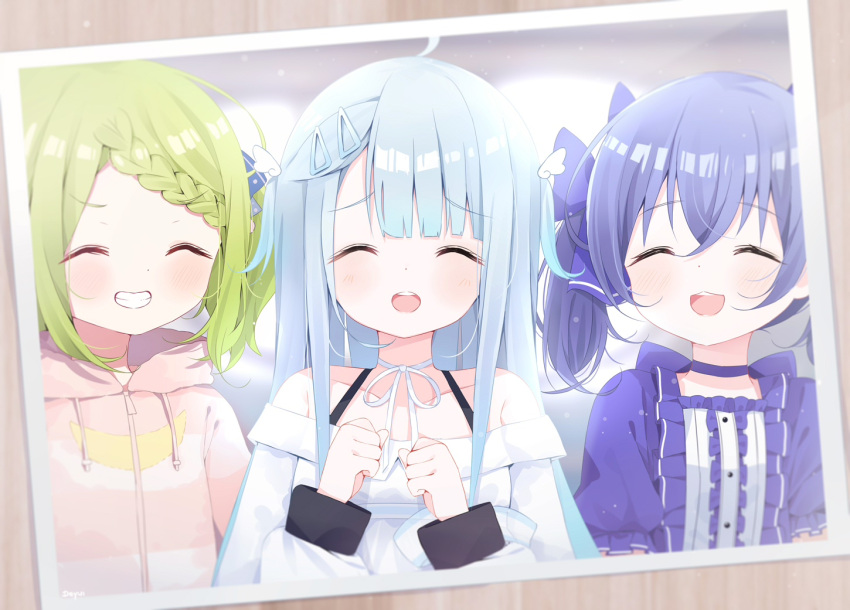 ahoge amatsuka_uto bangs blue_dress blue_hair blurry blurry_background blush bow bowtie braid braided_bangs chestnut_mouth choker clenched_hands closed_eyes collarbone deyui dress eyebrows_visible_through_hair furrowed_brow green_hair grin hair_bow hair_ornament hair_ribbon hairclip hood hoodie indie_virtual_youtuber light_blue_hair light_particles morinaka_kazaki nijisanji off-shoulder_dress off_shoulder open_mouth photo_(object) pink_hoodie puffy_short_sleeves puffy_sleeves ribbon ribbon_choker short_sleeves shoulder_strap sleeve_cuffs smile twintails two_side_up upper_teeth virtual_youtuber white_dress wing_hair_ornament yuuki_chihiro zipper zipper_pull_tab