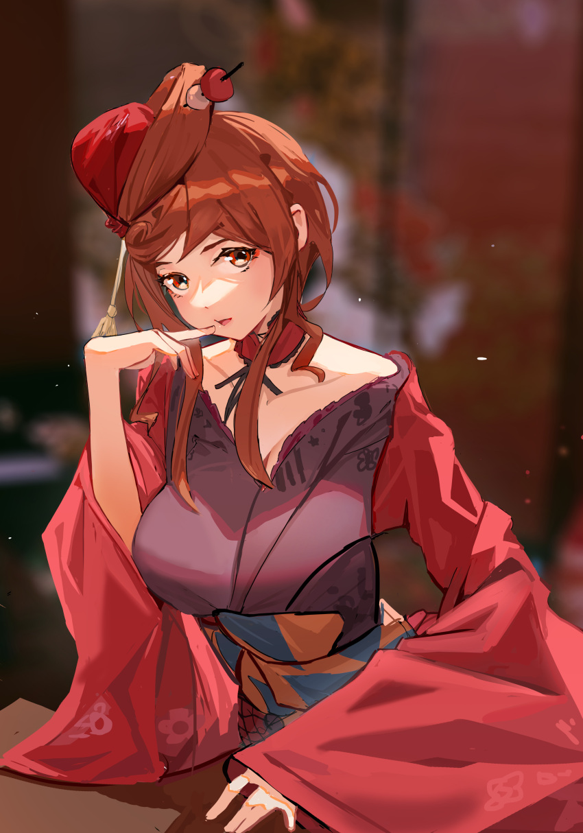 1girl absurdres blurry blurry_background brown_hair collarbone commentary detached_collar finger_to_mouth hair_ornament hair_stick hand_up highres japanese_clothes kimono light_particles lips long_hair obi purple_kimono red_eyes red_kimono red_lips sash shenqi_de_(9) solo upper_body yuugiri_(zombie_land_saga) zombie_land_saga
