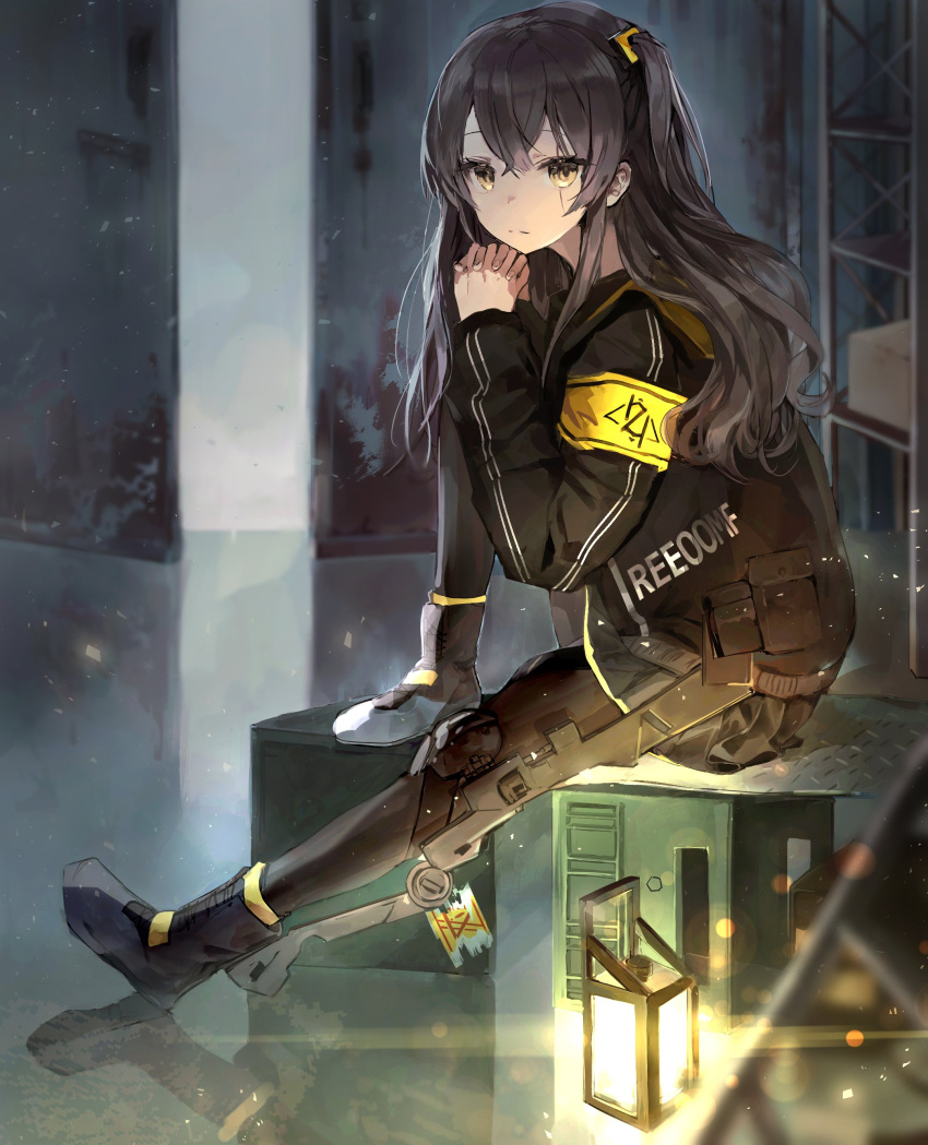 1girl 404_logo_(girls_frontline) absurdres armband black_skirt boots brown_hair exoskeleton expressionless full_body hair_between_eyes hair_ornament highres indoors interlocked_fingers jacket knee_to_chest lantern long_hair long_sleeves looking_at_viewer ns3519_16 one_side_up pantyhose pleated_skirt scar scar_across_eye sitting skirt ump45_(girls_frontline) yellow_eyes