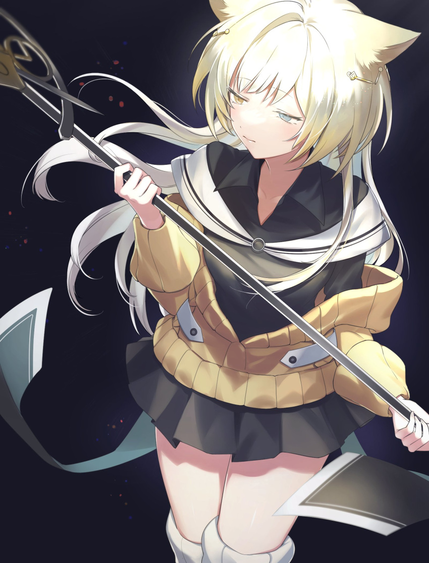 1girl animal_ears arknights black_background black_shirt black_skirt blonde_hair blue_eyes blush cat_ears commentary cowboy_shot eyebrows_visible_through_hair geta_(epicure_no12) hair_ornament heterochromia highres holding holding_staff long_hair looking_away looking_to_the_side nightmare_(arknights) pleated_skirt shirt skirt solo staff sweater thigh-highs thighs white_background white_legwear yellow_eyes yellow_sweater