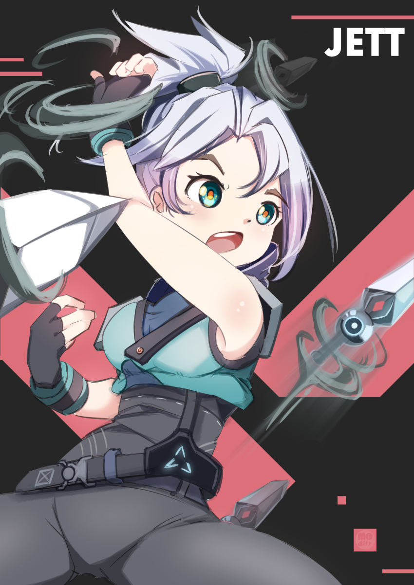 1girl absurdres animification belt black_belt black_bodysuit black_gloves blue_jacket blues_(artist) bodysuit breasts character_name cropped_jacket floating floating_object floating_weapon gloves green_eyes hair_behind_ear highres jacket jett_(valorant) knife medium_breasts open_mouth silver_hair sleeveless sleeveless_jacket solo valorant