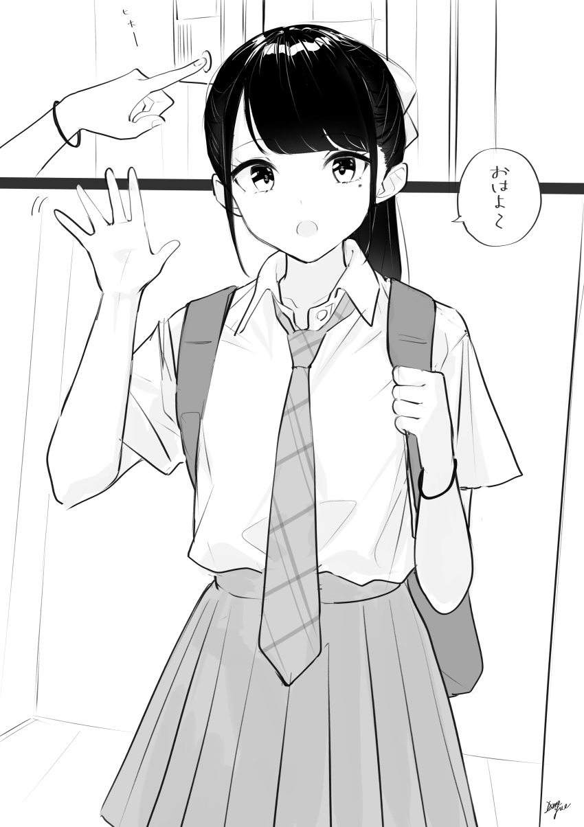1girl absurdres bangs bow collared_shirt commentary_request doorbell eyebrows_visible_through_hair greyscale hair_bow hands_up highres holding_strap long_hair looking_at_viewer mole mole_under_eye monochrome necktie open_mouth original plaid_neckwear pleated_skirt ponytail school_uniform shirt short_sleeves skirt takenoko_no_you translation_request