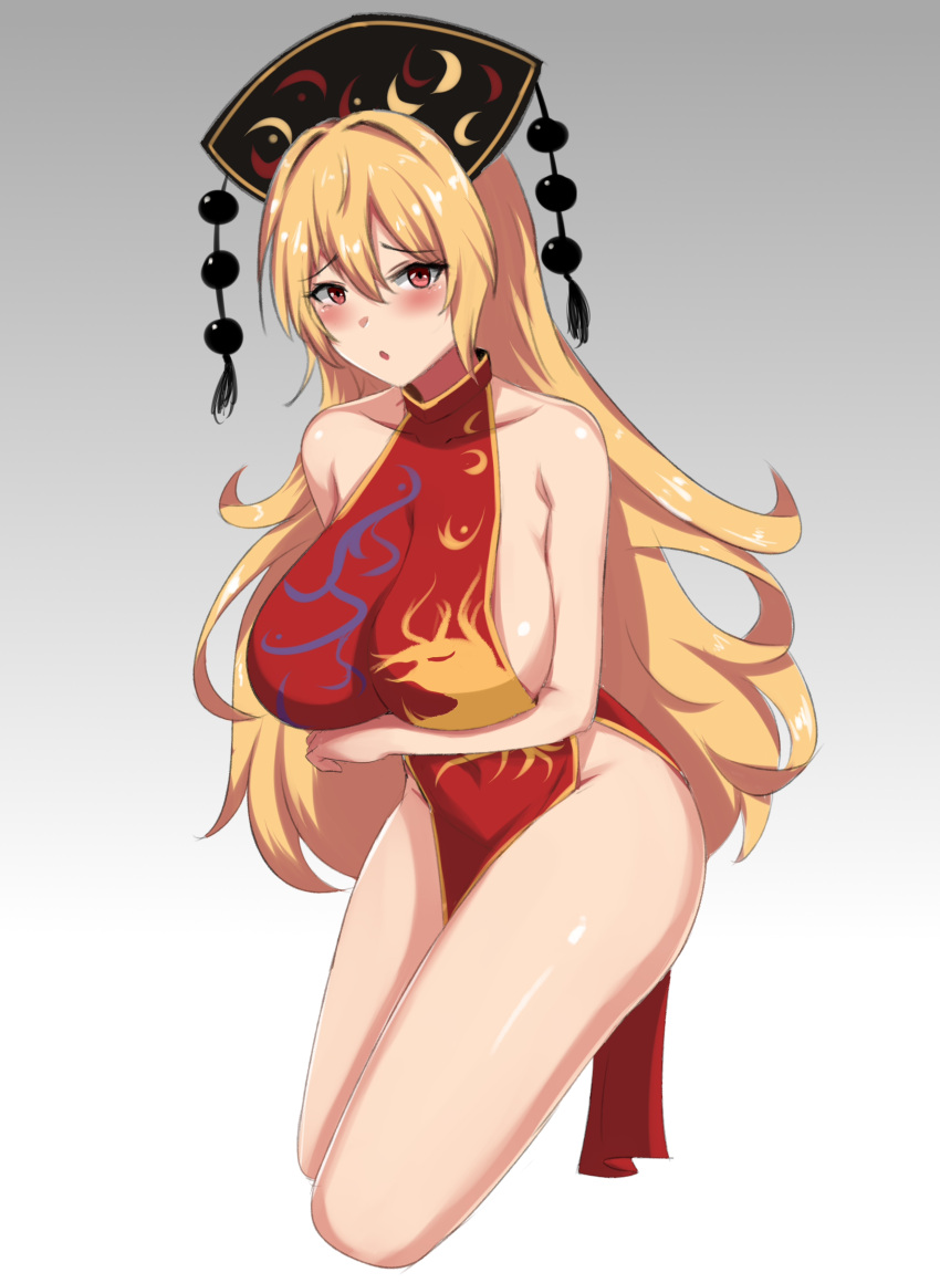 1girl absurdres bangs bare_shoulders black_headwear blonde_hair blush breasts china_dress chinese_clothes crescent dress eyebrows_visible_through_hair hair_between_eyes hand_up hat highres holding junko_(touhou) large_breasts legs long_hair looking_at_viewer no_panties open_mouth pom_pom_(clothes) red_dress red_eyes sleeveless solo touhou wuwusan