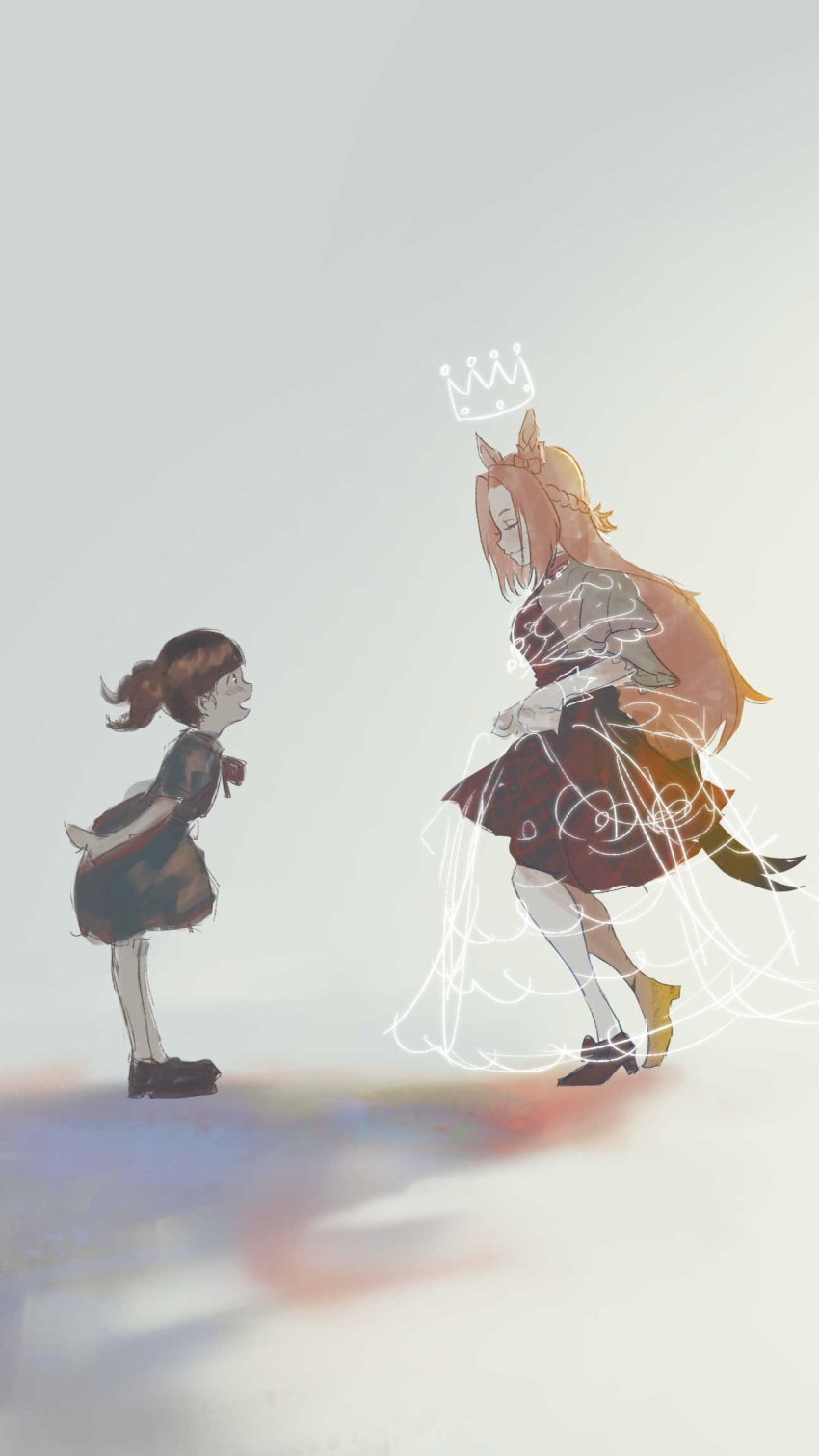 2girls animal_ears asymmetrical_footwear bow braid brown_hair child closed_eyes crown_braid curtsey drawn_crown drawn_dress dress highres horse_ears horse_girl horse_tail kawakami_princess_(umamusume) light_brown_hair long_hair mismatched_footwear multiple_girls nicporim puffy_short_sleeves puffy_sleeves shoes short_sleeves single_thighhigh sketch tail thigh-highs twintails umamusume