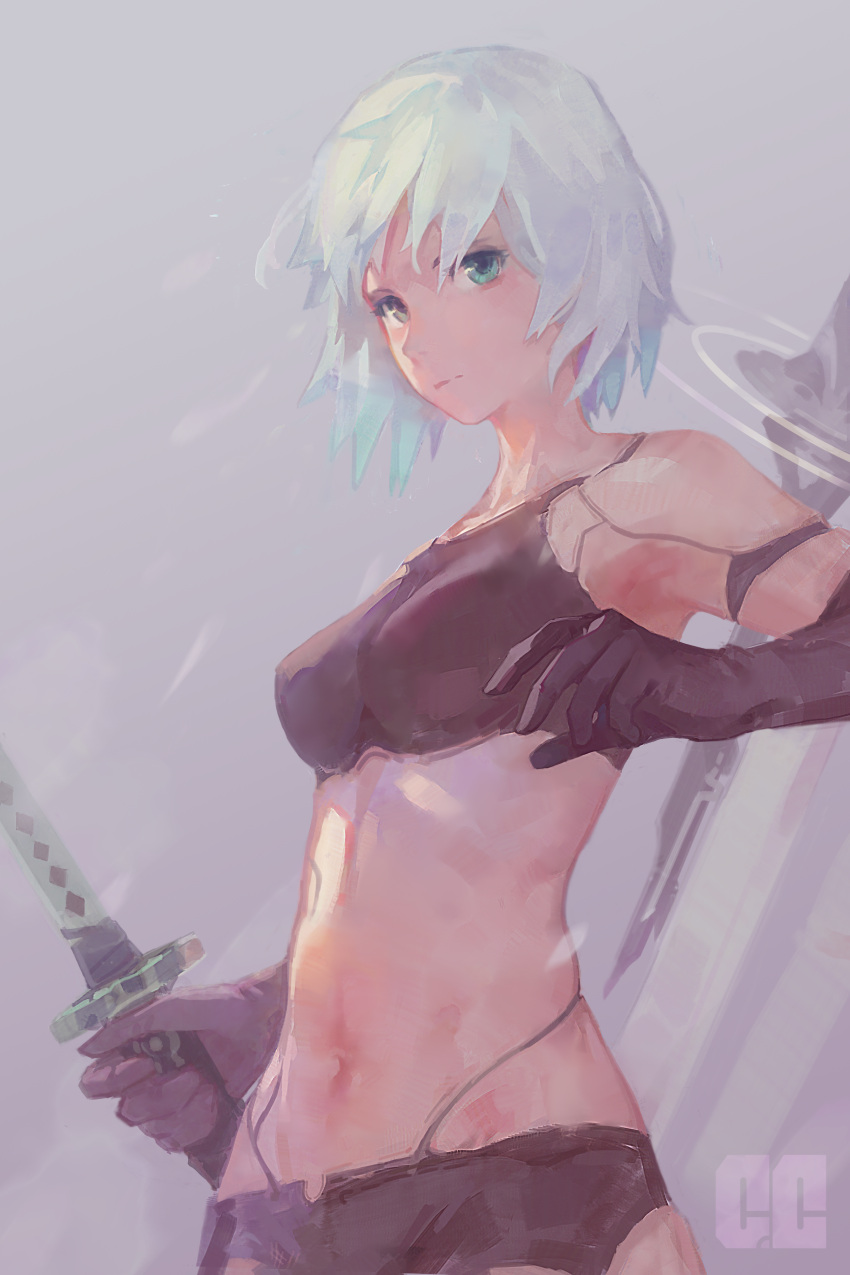 1girl absurdres android aqua_eyes armlet black_gloves black_shorts closed_mouth demozeroc elbow_gloves gloves highres holding holding_sword holding_weapon huge_filesize joints katana midriff navel nier_(series) nier_automata robot_joints short_hair shorts signature solo sword virtuous_contract virtuous_treaty weapon white_hair yorha_type_a_no._2