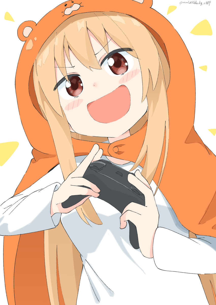 1girl absurdres animal_hood bangs blonde_hair blush brown_eyes commentary_request controller cynical_(llcbluckg_c004) doma_umaru eyebrows_visible_through_hair game_controller hamster_hood highres himouto!_umaru-chan holding holding_controller holding_game_controller hood long_hair long_sleeves looking_at_viewer open_mouth shirt signature simple_background smile solo twitter_username upper_body white_background white_shirt
