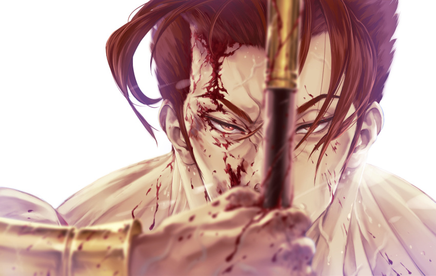 1boy absurdres blood blood_on_face bloody_weapon bracer close-up covered_mouth face fate/grand_order fate_(series) frown highres holding holding_polearm holding_spear holding_weapon huge_filesize leonidas_(fate) male_focus muscular muscular_male no_headwear no_helmet polearm redhead short_hair sib_(utau7) solo spear upper_body weapon
