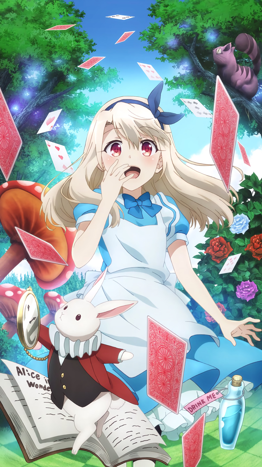1girl :d absurdres alice_(alice_in_wonderland) alice_(alice_in_wonderland)_(cosplay) alice_in_wonderland apron blonde_hair bloomers book card cheshire_cat_(alice_in_wonderland) cosplay dress drink_me fate/kaleid_liner_prisma_illya fate_(series) flower hair_ribbon highres illyasviel_von_einzbern long_hair looking_at_viewer mushroom official_art open_mouth pantyhose playing_card potion rabbit red_eyes ribbon rose smile tree underwear watch white_legwear white_rabbit_(alice_in_wonderland)