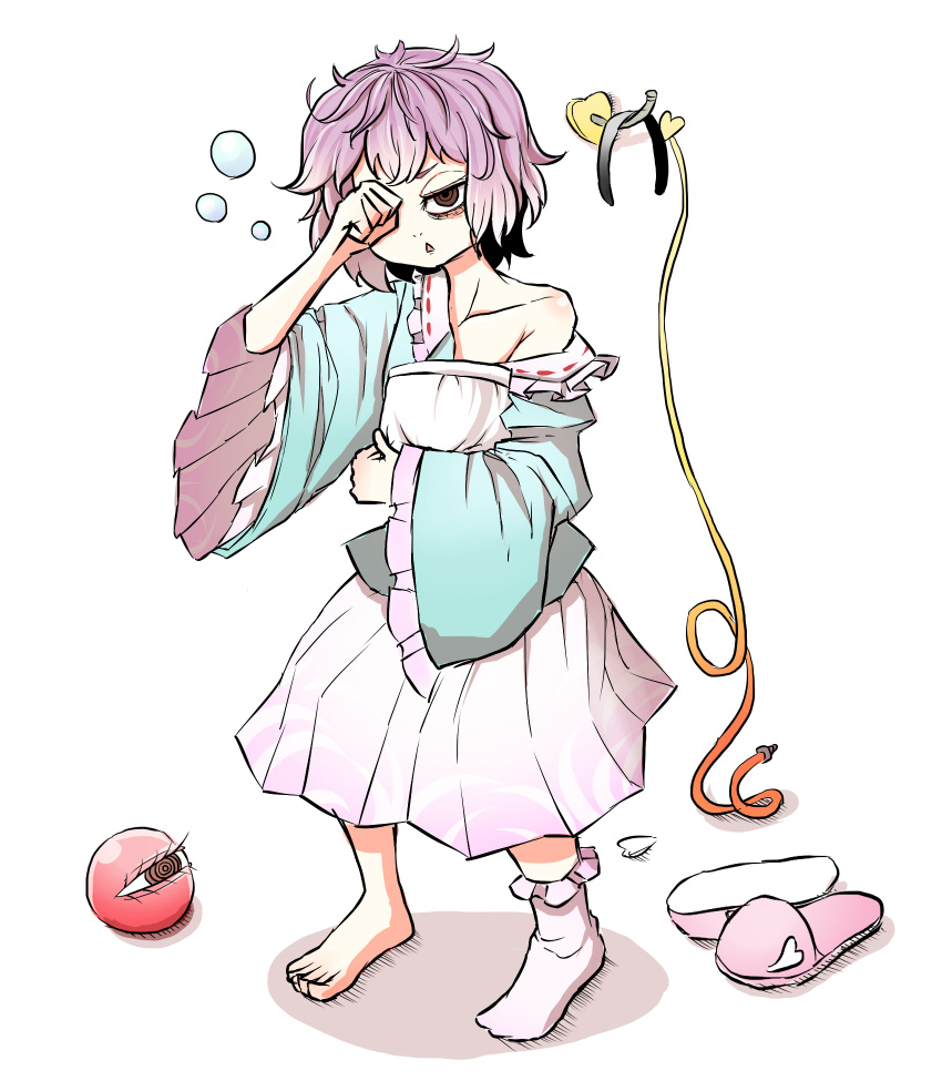 baggy_clothes bags_under_eyes barefoot blue_shirt cable collarbone hand_on_own_face highres holding holding_pillow komeiji_satori peroponesosu. pillow pink_hair pink_skirt shirt short_hair single_sock skirt sleepy slippers socks third_eye touhou waking_up