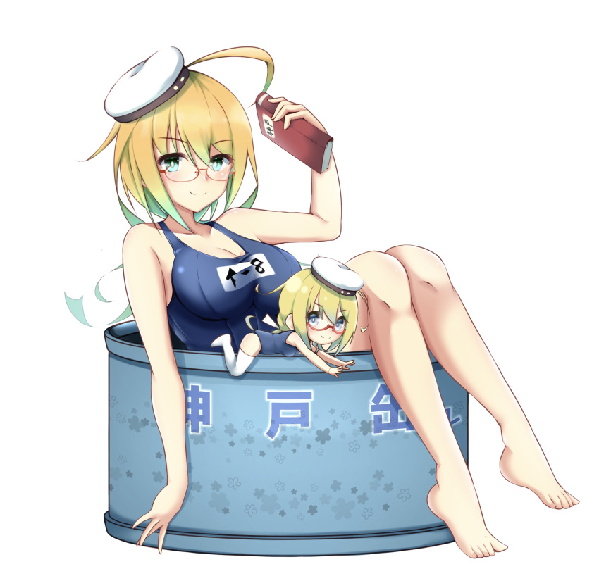 2girls bare_legs blonde_hair blue_eyes book breasts can eyebrows_visible_through_hair glasses hair_between_eyes hat highres honma_(honmatomohiro) i-8_(kancolle) kantai_collection large_breasts looking_at_viewer low_twintails minigirl multiple_girls name_tag one-piece_swimsuit peaked_cap red-framed_eyewear sailor_hat school_swimsuit semi-rimless_eyewear swimsuit swimsuit_under_clothes tri_tails twintails under-rim_eyewear wading_pool