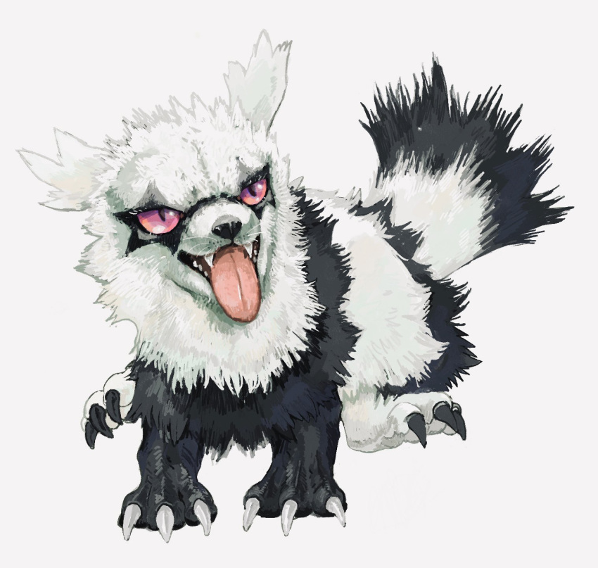 black_fur claws full_body galarian_form galarian_zigzagoon gen_8_pokemon hasuri highres no_humans open_mouth pokemon pokemon_(creature) sharp_teeth simple_background solo teeth tongue tongue_out violet_eyes white_background white_fur