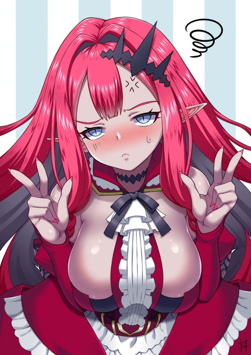 1girl anger_vein bangs bare_shoulders breasts center_frills circlet closed_mouth detached_collar detached_sleeves double_v dress fairy_knight_tristan_(fate) fate/grand_order fate_(series) frills grey_eyes highres kuraikurairey large_breasts long_hair looking_at_viewer pink_hair pointy_ears red_dress sidelocks squiggle v