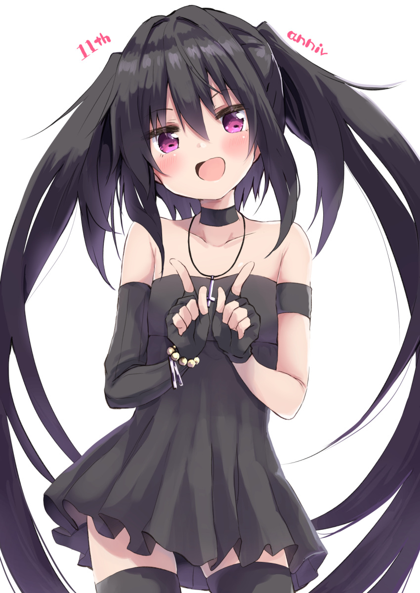 1girl :d amano_kouki anniversary asymmetrical_gloves bangs bare_shoulders black_choker black_dress black_gloves black_hair black_legwear blush choker collarbone commentary_request cross cross_necklace dress elbow_gloves eyebrows_visible_through_hair gloves hair_between_eyes highres index_finger_raised jewelry long_hair looking_at_viewer necklace note-chan open_mouth original pleated_dress simple_background single_elbow_glove smile solo strapless strapless_dress thigh-highs twintails very_long_hair violet_eyes white_background