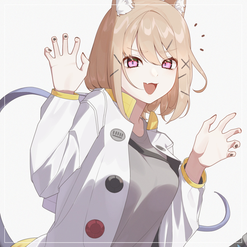 1girl animal_ear_fluff animal_ears arknights bangs claw_pose duplicate eyebrows_visible_through_hair fang fang_out grey_shirt highres jacket light_brown_hair long_sleeves pixel-perfect_duplicate shirt short_hair shoujo_l simple_background skin_fang solo tail utage_(arknights) violet_eyes white_background white_jacket