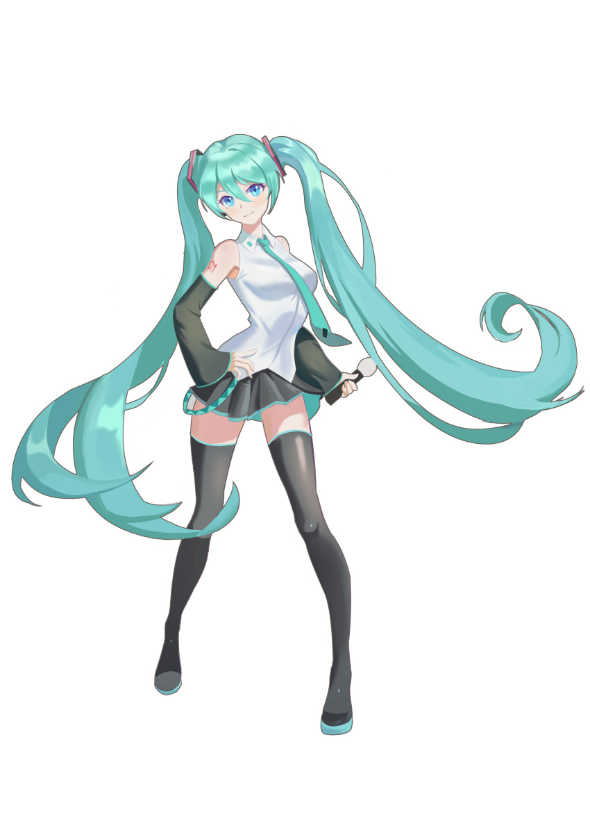 1girl absurdres aqua_eyes aqua_hair aqua_neckwear bare_shoulders blush breasts commentary contrapposto grey_shirt hand_on_hip hatsune_miku headset highres holding holding_microphone long_hair looking_at_viewer medium_breasts microphone mihashi necktie shirt sleeveless sleeveless_shirt smile solo thigh-highs thighs twintails very_long_hair vest vocaloid white_background zettai_ryouiki