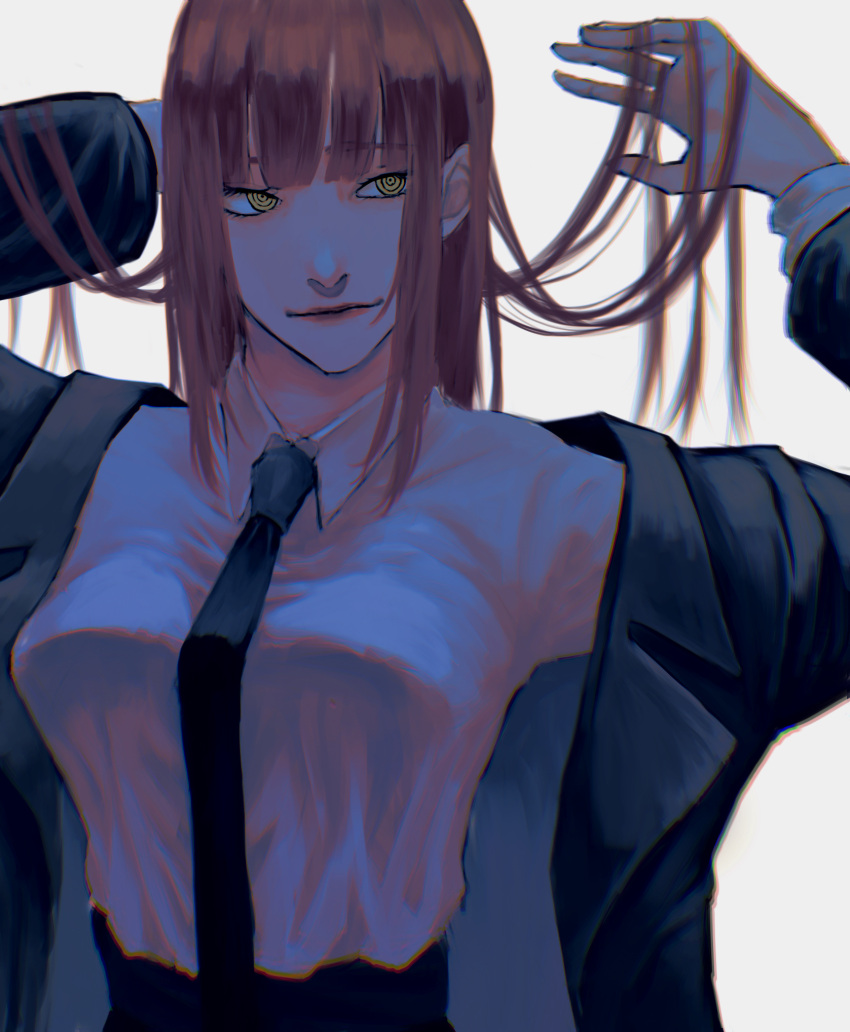 1girl black_neckwear breasts brown_hair business_suit chainsaw_man formal hair_down hand_in_hair highres light_smile long_hair long_jacket looking_to_the_side makima_(chainsaw_man) medium_breasts necktie ringed_eyes smile solo suit user_apxg4374 yellow_eyes