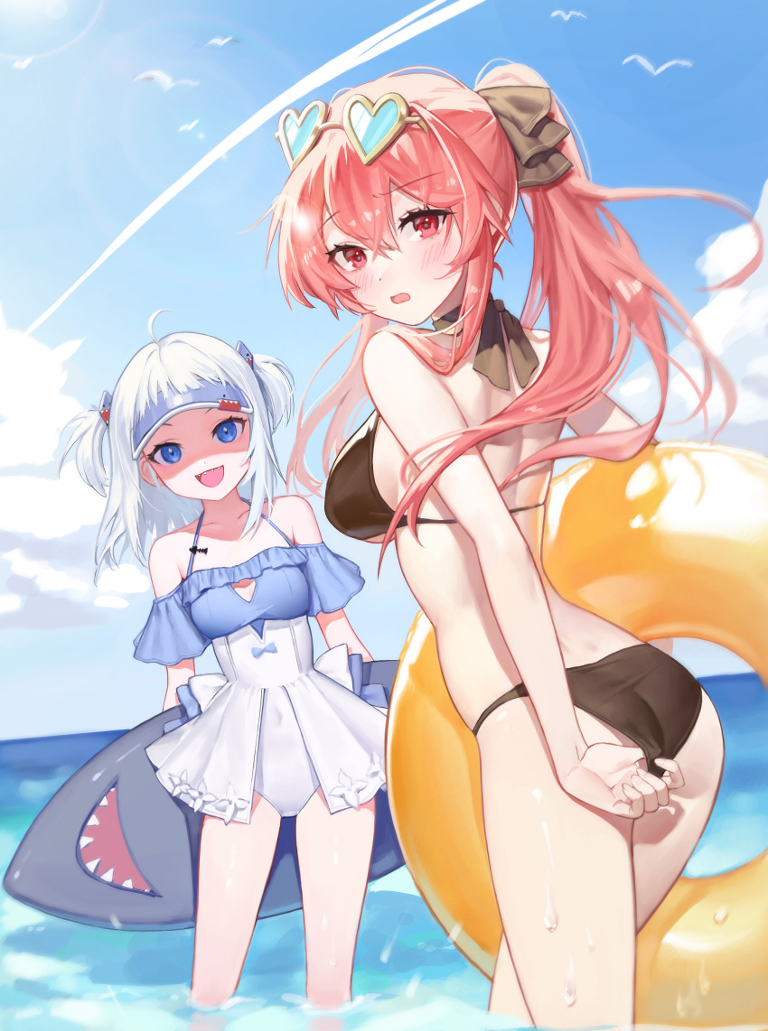 2girls :d absurdres adjusting_clothes adjusting_swimsuit ahoge ass bangs beach bikini black_bikini black_swimsuit blue_eyes blue_swimsuit blush bow breasts clouds cloudy_sky covered_navel dimples_of_venus frilled_swimsuit frills gawr_gura hair_between_eyes hair_bow hair_ornament halterneck heart heart-shaped_eyewear highres holding hololive hololive_english inflatable_shark inflatable_toy innertube long_hair looking_at_viewer medium_breasts mori_calliope multiple_girls ocean one-piece_swimsuit open_mouth outdoors partially_submerged pink_hair ponytail red_eyes shaded_face shark_hair_ornament short_hair sky small_breasts smile sugarhigh swimsuit visor_cap wet white_hair white_swimsuit yellow-framed_eyewear