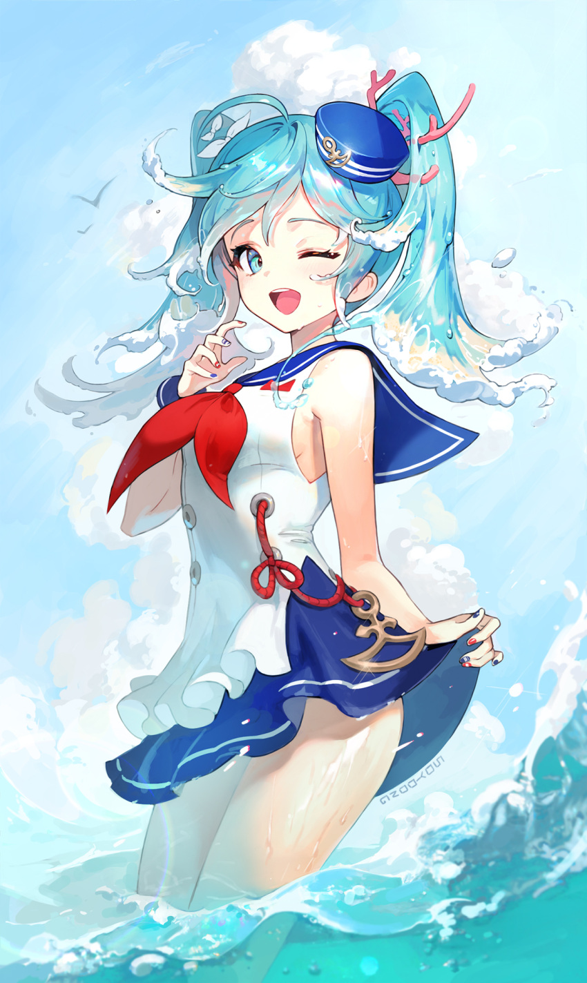 1girl ;d bare_arms bare_shoulders blue_eyes blue_hair blue_skirt hand_up hat hatsune_miku highres liquid_hair long_hair looking_at_viewer miniskirt multicolored multicolored_nails nail_polish neckerchief one_eye_closed open_mouth sailor_collar sailor_hat shirt skirt sleeveless sleeveless_shirt smile solo soyoong_jun twintails vocaloid wading water wet white_shirt