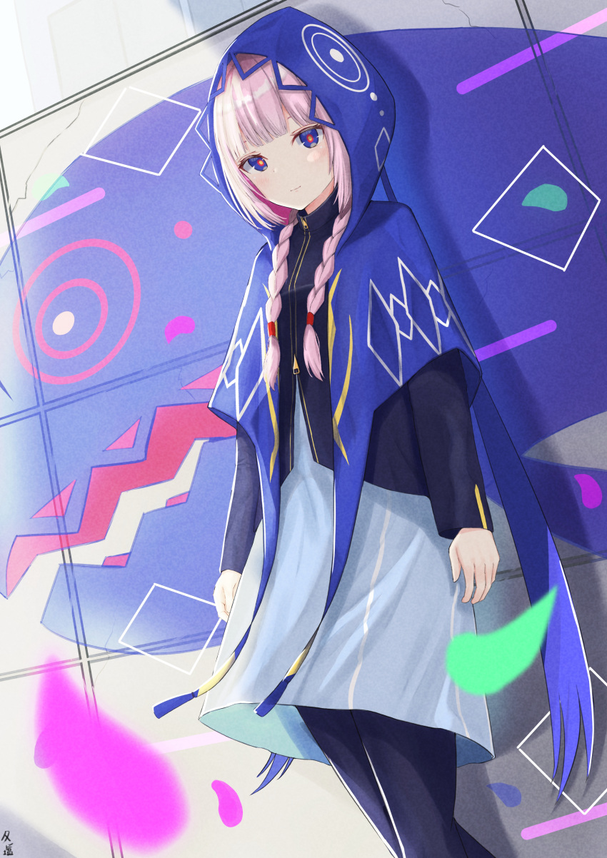 1girl absurdres bangs blunt_bangs braid capelet commentary_request feet_out_of_frame graffiti highres hood hood_up hooded_capelet kaf_(kamitsubaki_studio) kamitsubaki_studio light_blush light_smile long_sleeves looking_at_viewer medium_hair multicolored multicolored_eyes pantyhose pink_hair sidelocks solo standing tanshio twin_braids virtual_youtuber wall yellow_pupils zipper