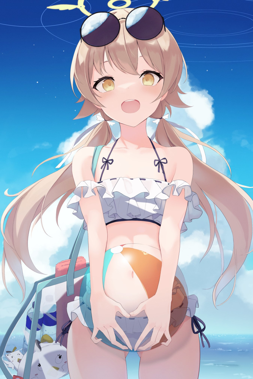 1girl :d ass_visible_through_thighs bag ball bare_shoulders beachball bikini black-framed_eyewear blue_archive blue_sky brown_eyes brown_hair clouds collarbone commentary_request day halo hifumi_(blue_archive) highres holding holding_ball horizon long_hair looking_at_viewer low_twintails mizu_(lzzrwi603) navel open_mouth outdoors round_eyewear sky smile solo standing sunglasses swimsuit transparent twintails upper_teeth very_long_hair water white_bikini
