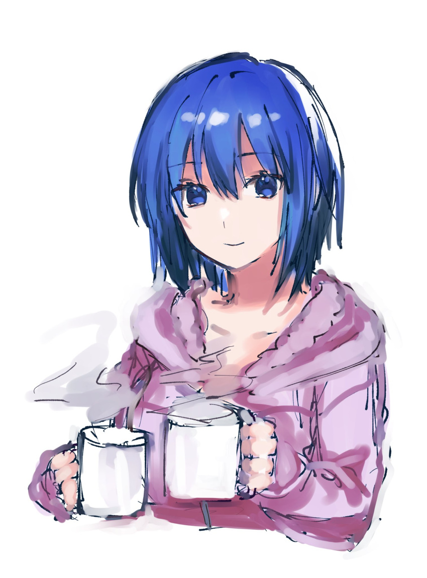 1girl alternate_costume bangs blue_eyes blue_hair breasts casual ciel_(tsukihime) closed_mouth collarbone commentary_request cup eyebrows_visible_through_hair hair_between_eyes highres holding holding_cup hood hood_down hooded_sweater ketsu long_sleeves looking_at_viewer mug official_alternate_costume pink_sweater short_hair simple_background smile solo steam sweater tsukihime tsukihime_(remake) white_background