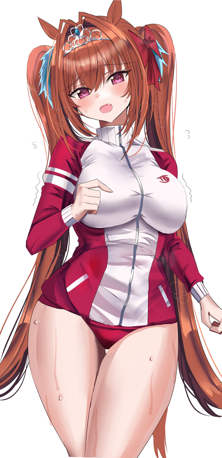 1girl absurdres animal_ears bangs blush breasts brown_hair buruma daiwa_scarlet_(umamusume) hair_intakes hanasaka_houcha highres horse_ears horse_girl horse_tail jacket large_breasts long_hair long_sleeves looking_at_viewer open_mouth red_buruma red_eyes red_jacket solo tail thighs tiara track_jacket twintails umamusume very_long_hair