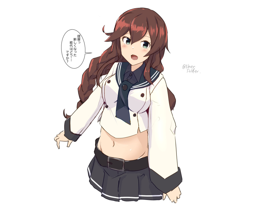 1girl adapted_costume bangs black_sailor_collar black_skirt braid brown_hair commentary_request cropped_legs dress_shirt green_eyes highres kantai_collection long_hair long_sleeves looking_at_viewer midriff necktie noshiro_(kancolle) one-hour_drawing_challenge pleated_skirt remodel_(kantai_collection) sailor_collar sailor_shirt school_uniform serafuku shirt simple_background skirt soldier11 solo swept_bangs translation_request twin_braids white_background