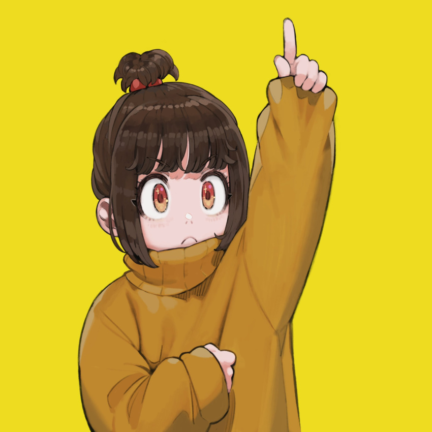 1girl brown_eyes brown_hair child commentary_request eyebrows_visible_through_hair highres index_finger_raised jun_(seojh1029) medium_hair original sidelocks simple_background sleeves_past_wrists solo sparkling_eyes sweater tied_hair upper_body yellow_background