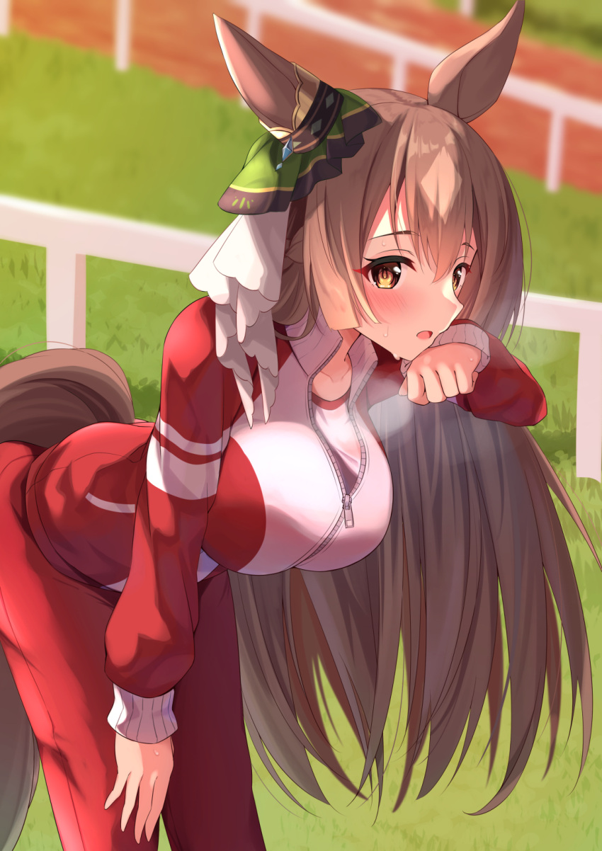 1girl animal_ears bent_over breasts brown_eyes brown_hair commentary_request ear_ribbon green_ribbon heavy_breathing highres horse_ears horse_girl horse_tail jacket large_breasts long_hair long_sleeves looking_at_viewer open_mouth red_jacket ribbon satono_diamond solo standing sweat syurimp tail track_jacket umamusume zipper