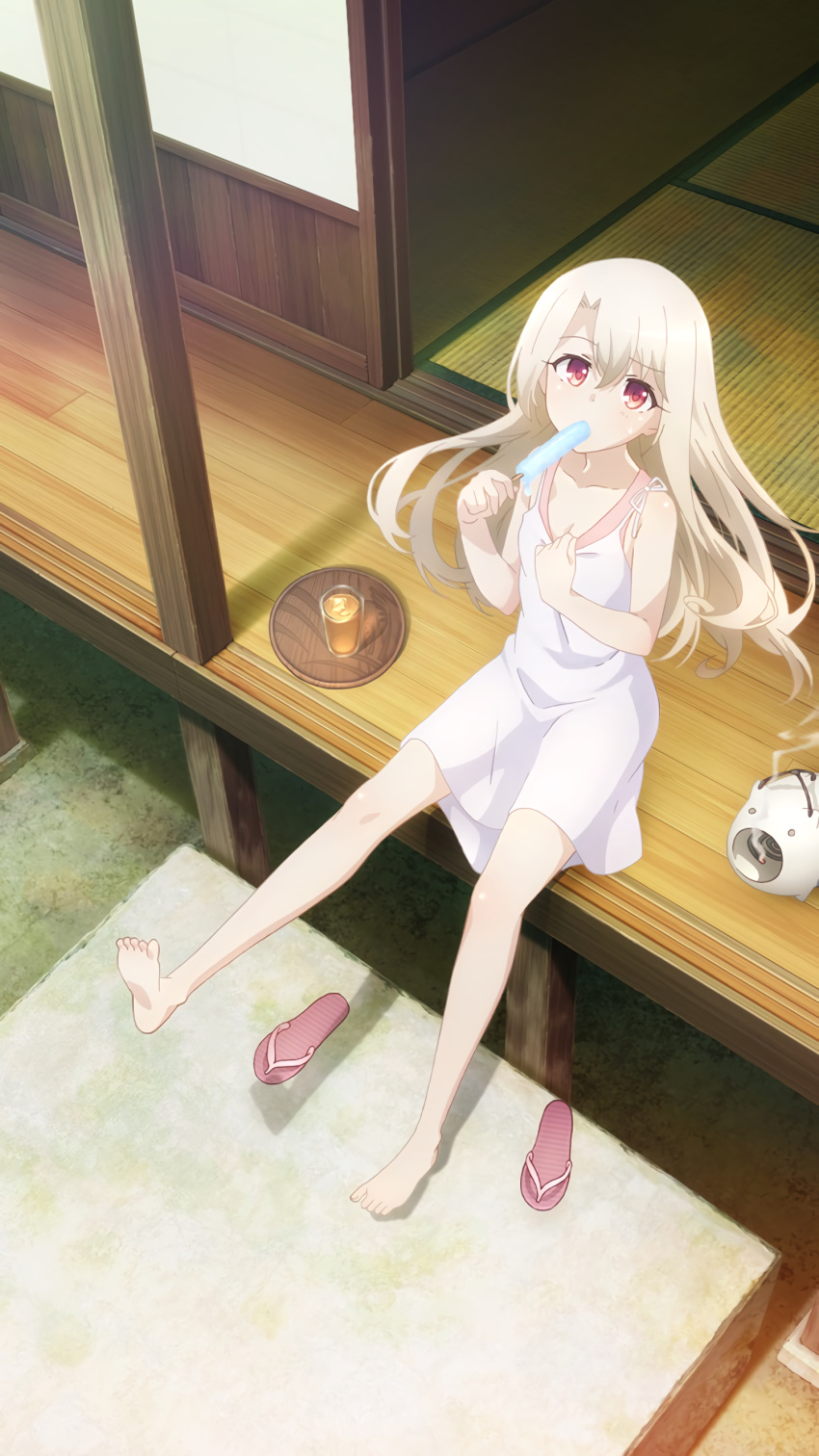1girl absurdres barefoot blonde_hair breasts deck dress duplicate eating fate/kaleid_liner_prisma_illya fate_(series) food highres ice_cream illyasviel_von_einzbern kayari_buta long_hair looking_at_viewer mosquito_coil official_art outdoors popsicle red_eyes sandals sitting small_breasts smoke_trail sundress tatami tea tray veranda white_dress