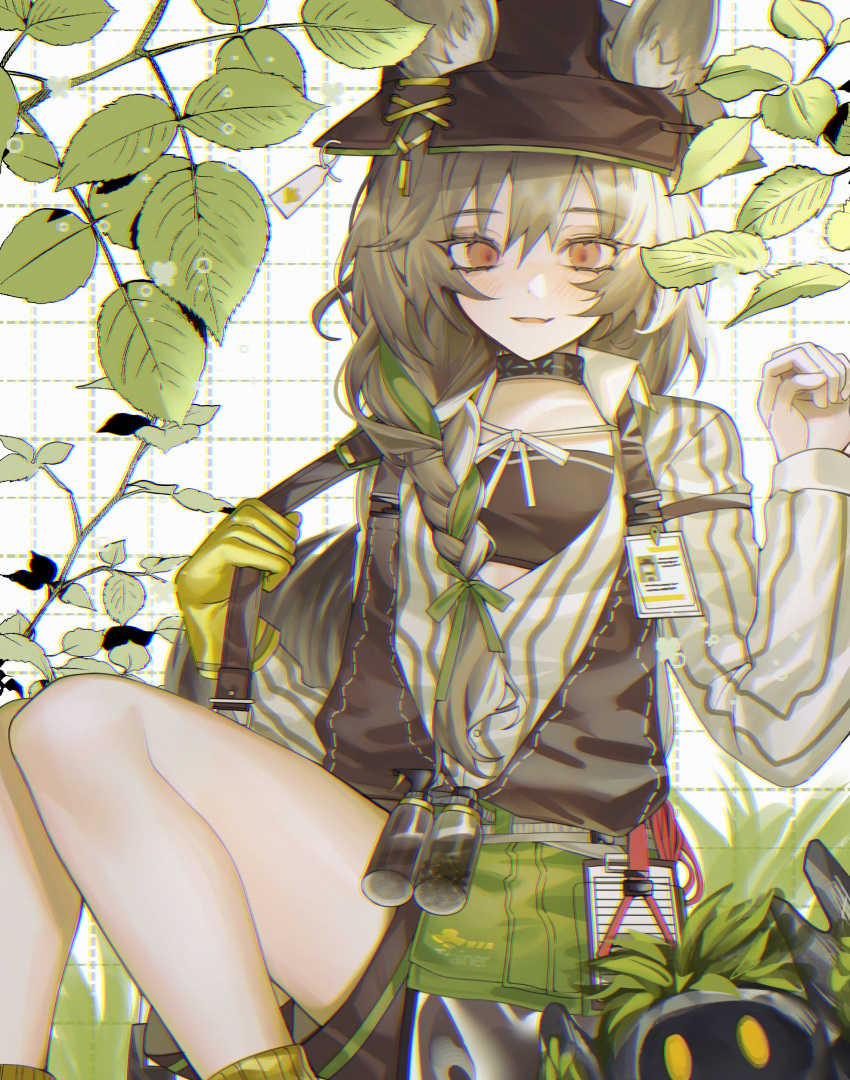 1girl absurdres animal_ears arknights bangs beanstalk_(arknights) binoculars blush braid cym23730 gloves grey_hair hat highres hyena_ears hyena_girl id_card infection_monitor_(arknights) long_hair metal_crab_(arknights) shorts single_glove solo yellow_eyes