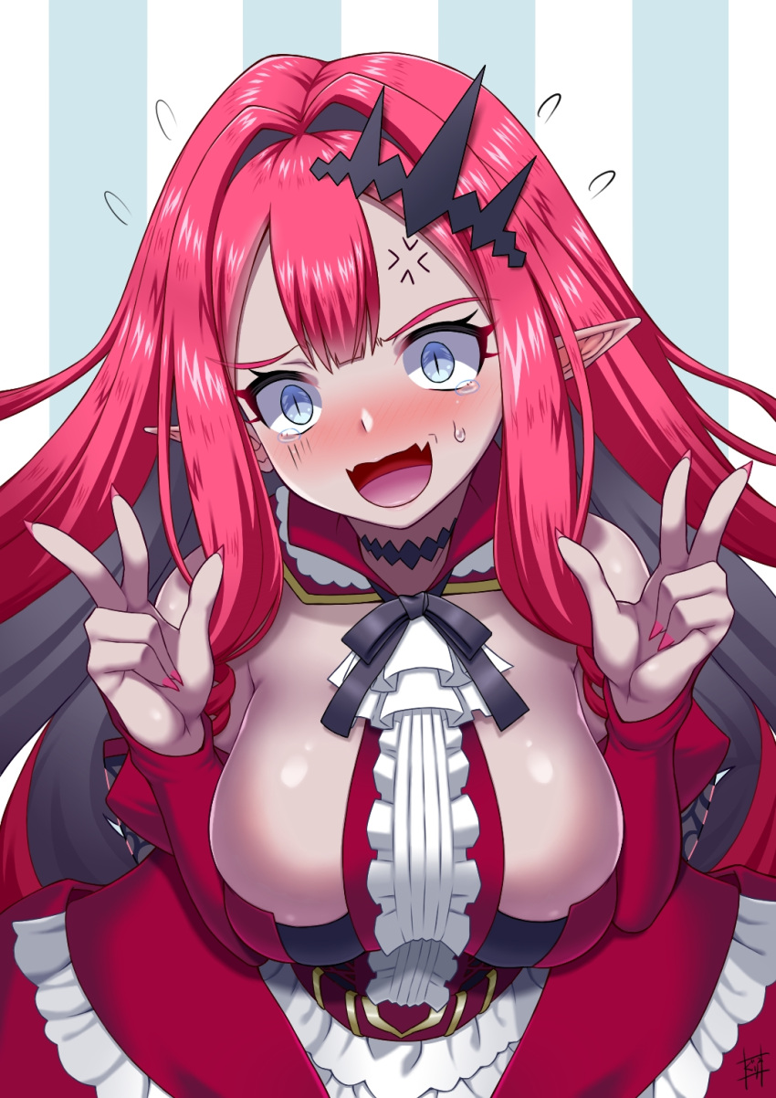 1girl anger_vein bangs bare_shoulders breasts center_frills circlet detached_collar detached_sleeves double_v dress fairy_knight_tristan_(fate) fate/grand_order fate_(series) frills grey_eyes highres kuraikurairey large_breasts long_hair looking_at_viewer open_mouth pink_hair pointy_ears red_dress sidelocks tearing_up v