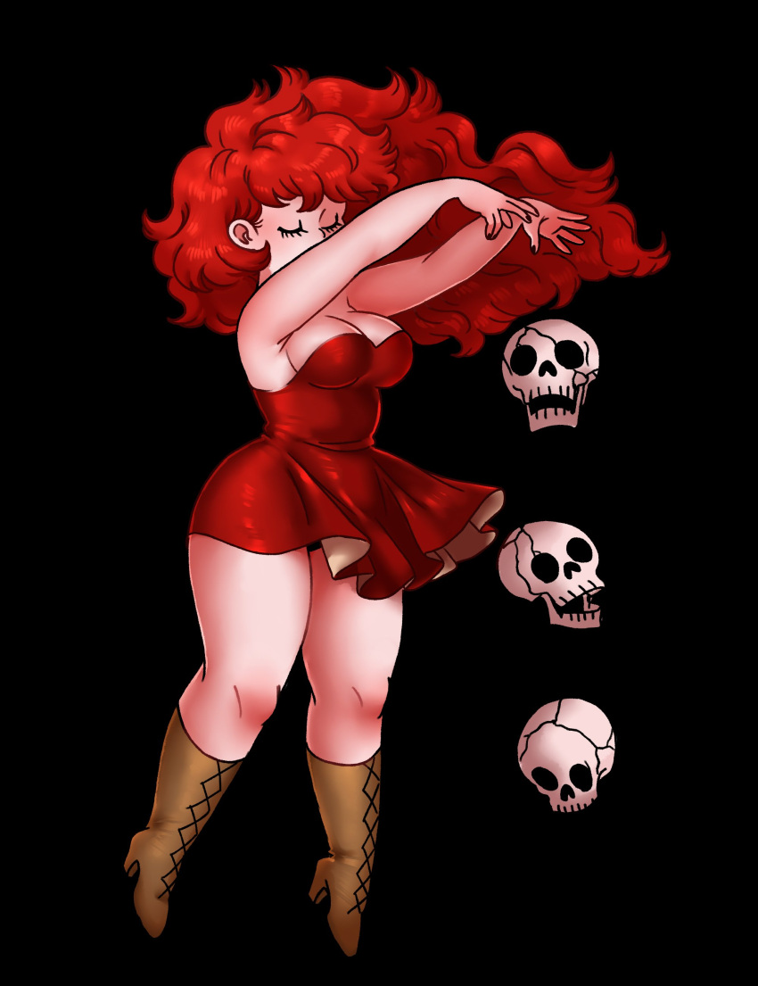 1girl absurdres arms_up bangs black_background boots brown_footwear closed_eyes covered_mouth dress floating_hair high_heel_boots high_heels highres long_hair original panoramango red_dress redhead simple_background skull sleeveless sleeveless_dress solo strapless strapless_dress